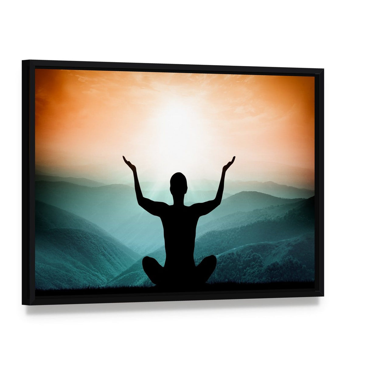 Yoga and Meditation Silhouette Canvas Wall Art, framed canvas in a black floater frame, angled product view