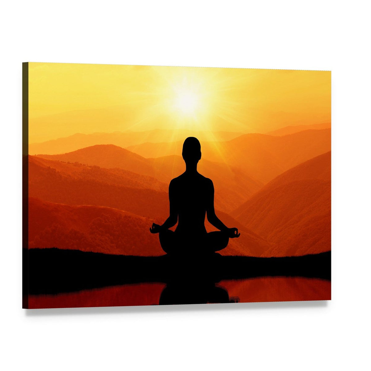 Meditating Man Silhouette at Sunset Canvas Wall Art, single panel gallery wrapped canvas, angled product view