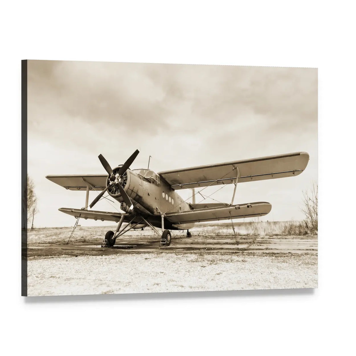 Sepia Vintage Biplane with Four-blade Propeller Canvas Wall Art, single panel gallery wrapped canvas, angled product view
