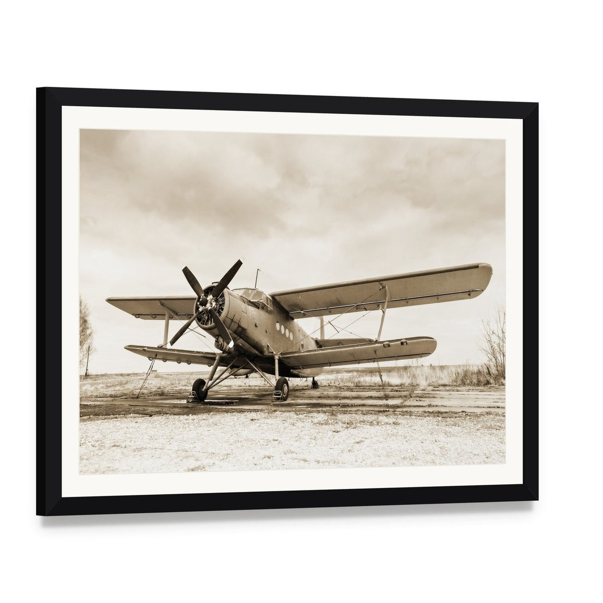 Vintage Biplane in Sepia Canvas Wall Art, framed print with white mat and black frame, angled product view