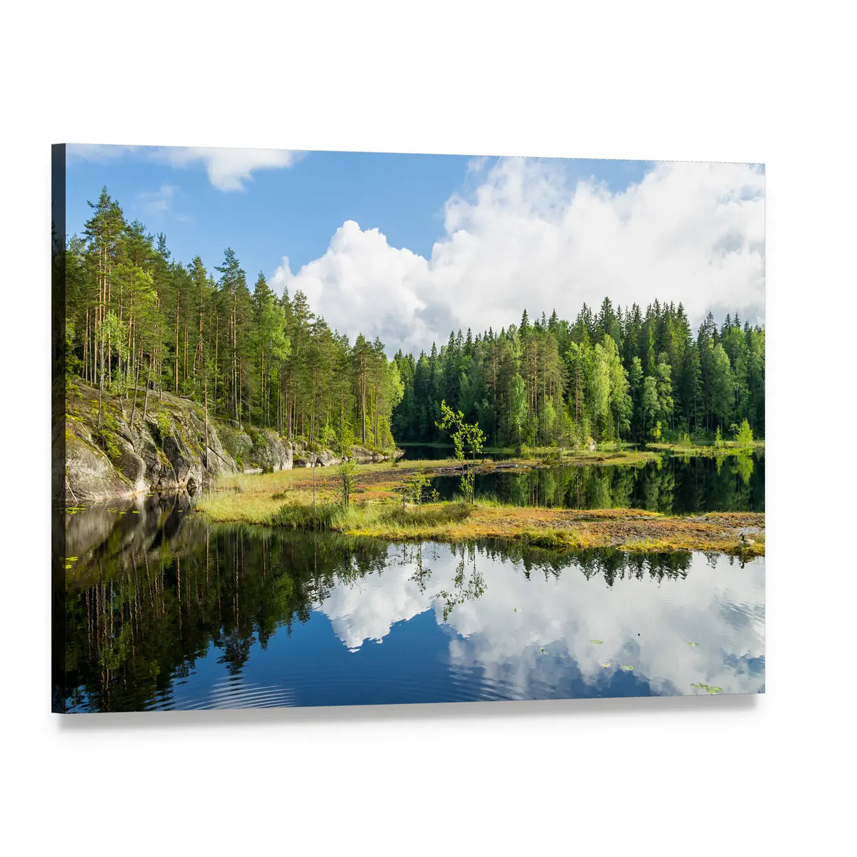 Nuuksio National Park Lake Reflection Canvas Wall Art, single panel gallery wrapped canvas, angled product view