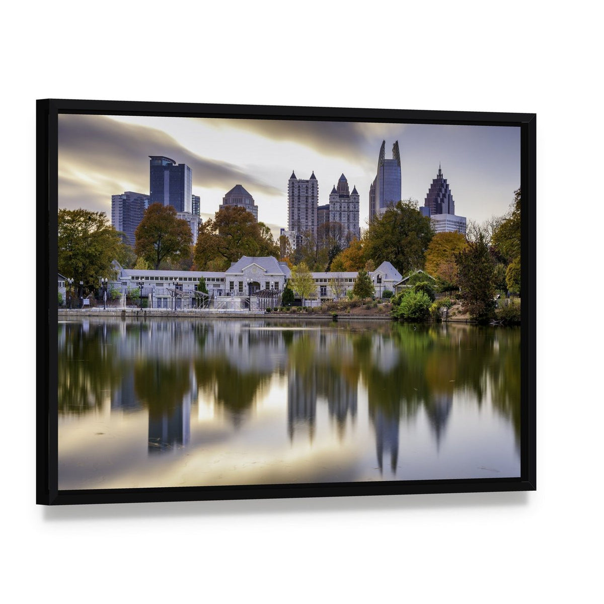 Atlanta Autumn Skyline Canvas Wall Art, framed canvas in a black floater frame, angled product view