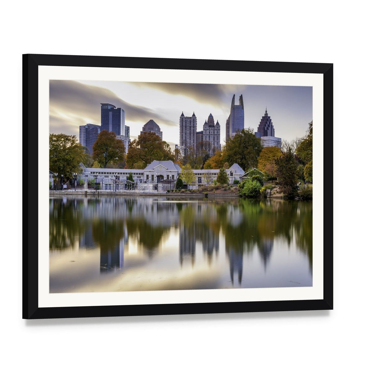 Atlanta Autumn Skyline Canvas Wall Art, framed print with white mat and black frame, angled product view
