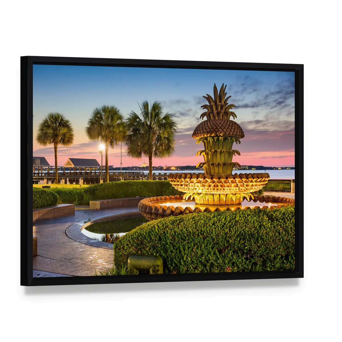 Joe Riley Waterfront Park Pineapple Fountain Sunset Canvas Wall Art, framed canvas in a black floater frame, angled product view
