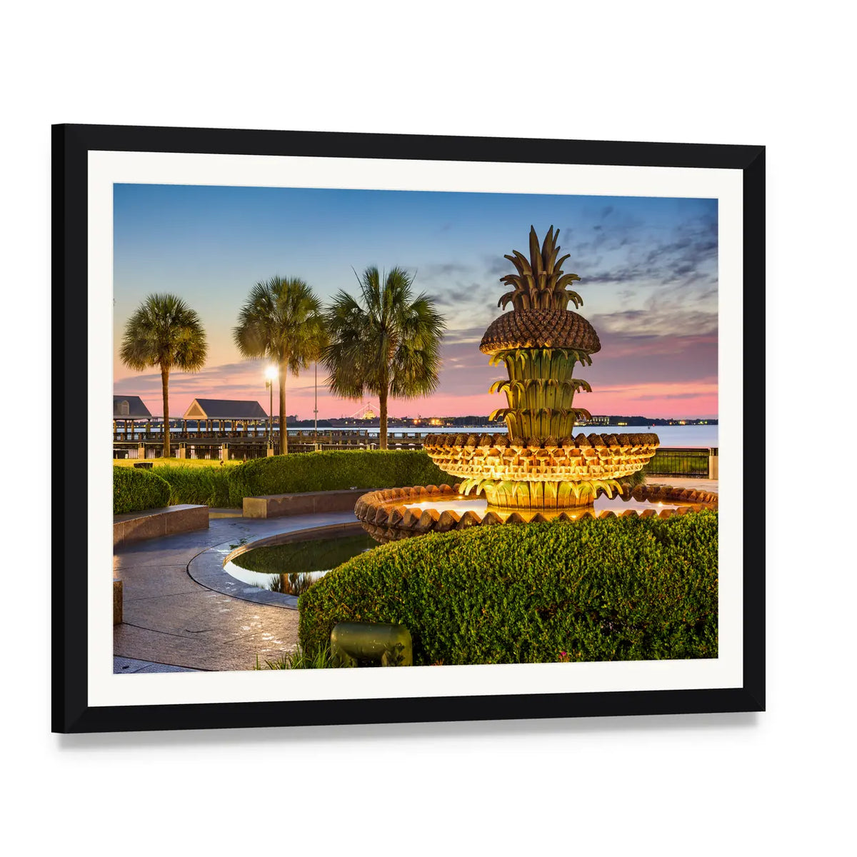Joe Riley Waterfront Park Pineapple Fountain Sunset Canvas Wall Art, framed print with white mat and black frame, angled product view