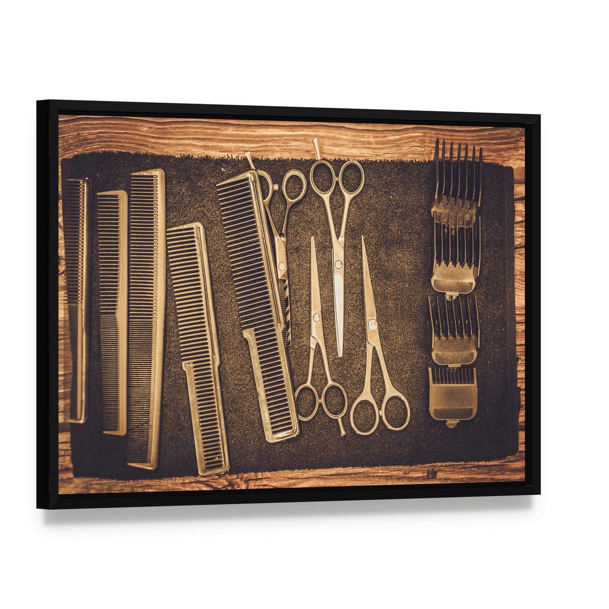 Vintage Hairdressing Tools Close-up Canvas Wall Art, framed canvas in a black floater frame, angled product view