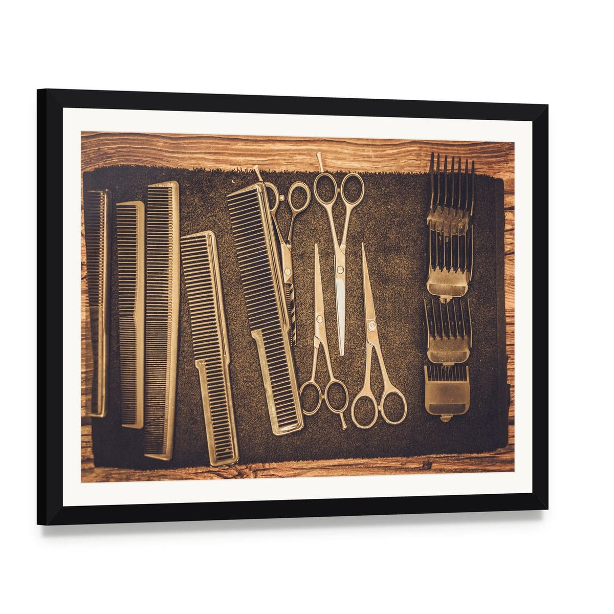 Vintage Hairdressing Tools Close-up Canvas Wall Art, framed print with white mat and black frame, angled product view