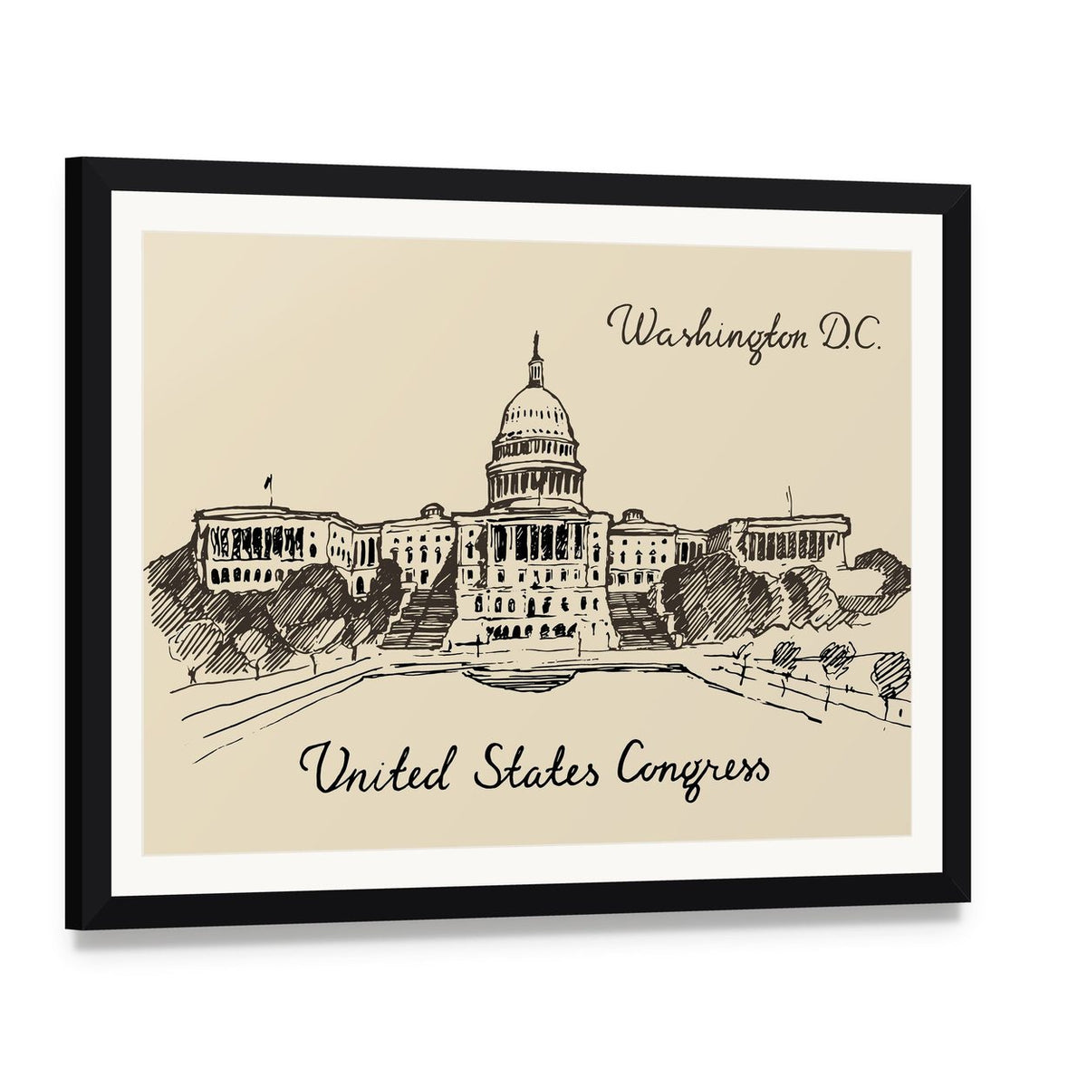 United States Capitol Building, Washington D.c. Canvas Wall Art, framed print with white mat and black frame, angled product view
