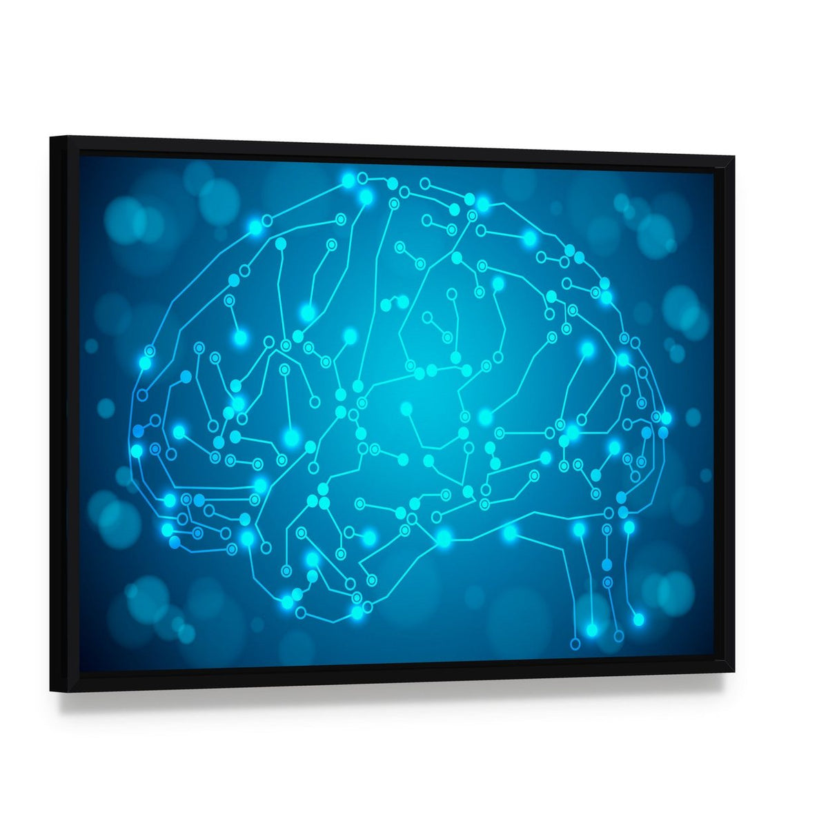 Brain with Circuit Board Canvas Wall Art, framed canvas in a black floater frame, angled product view