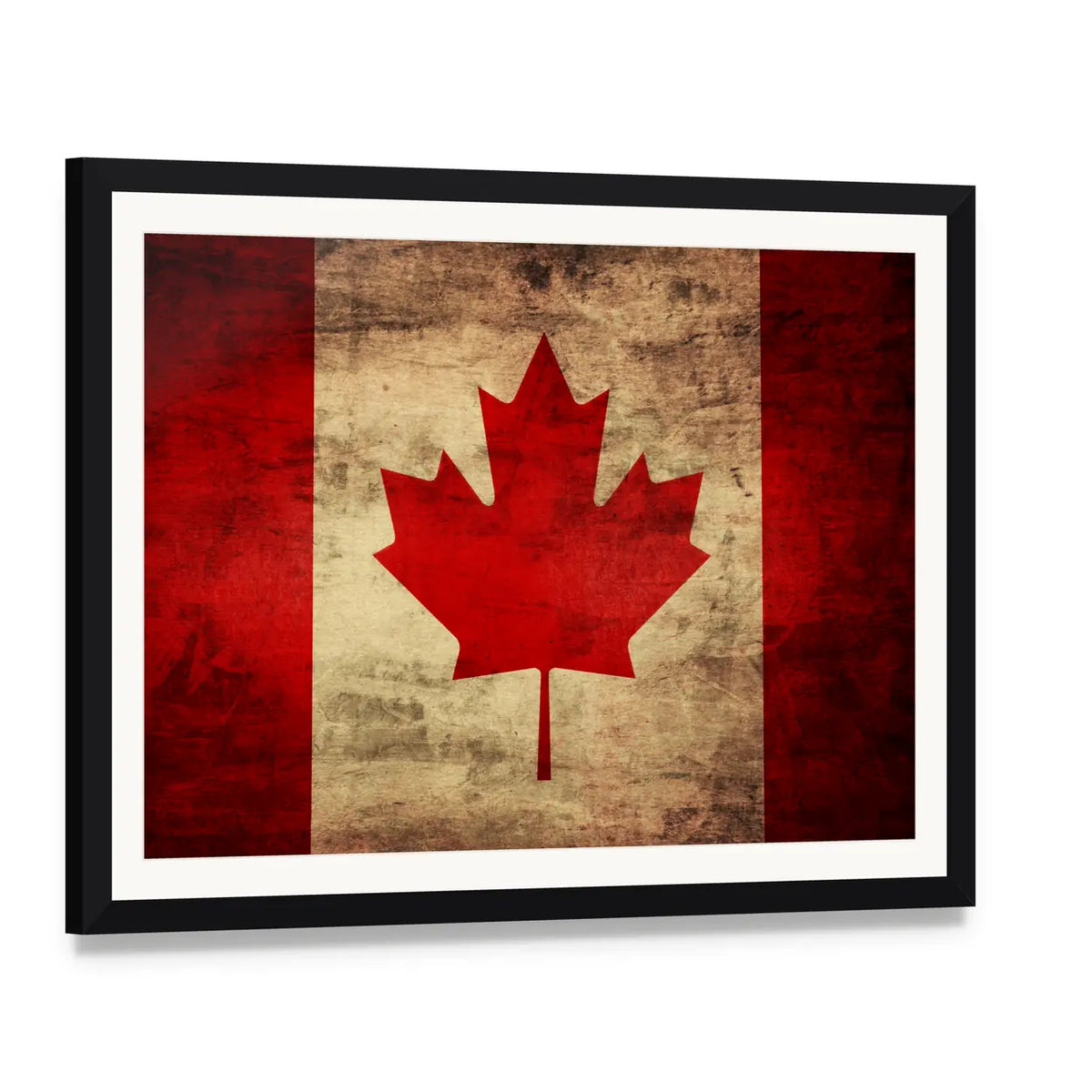Grunge Canadian Flag Canvas Wall Art, framed print with white mat and black frame, angled product view