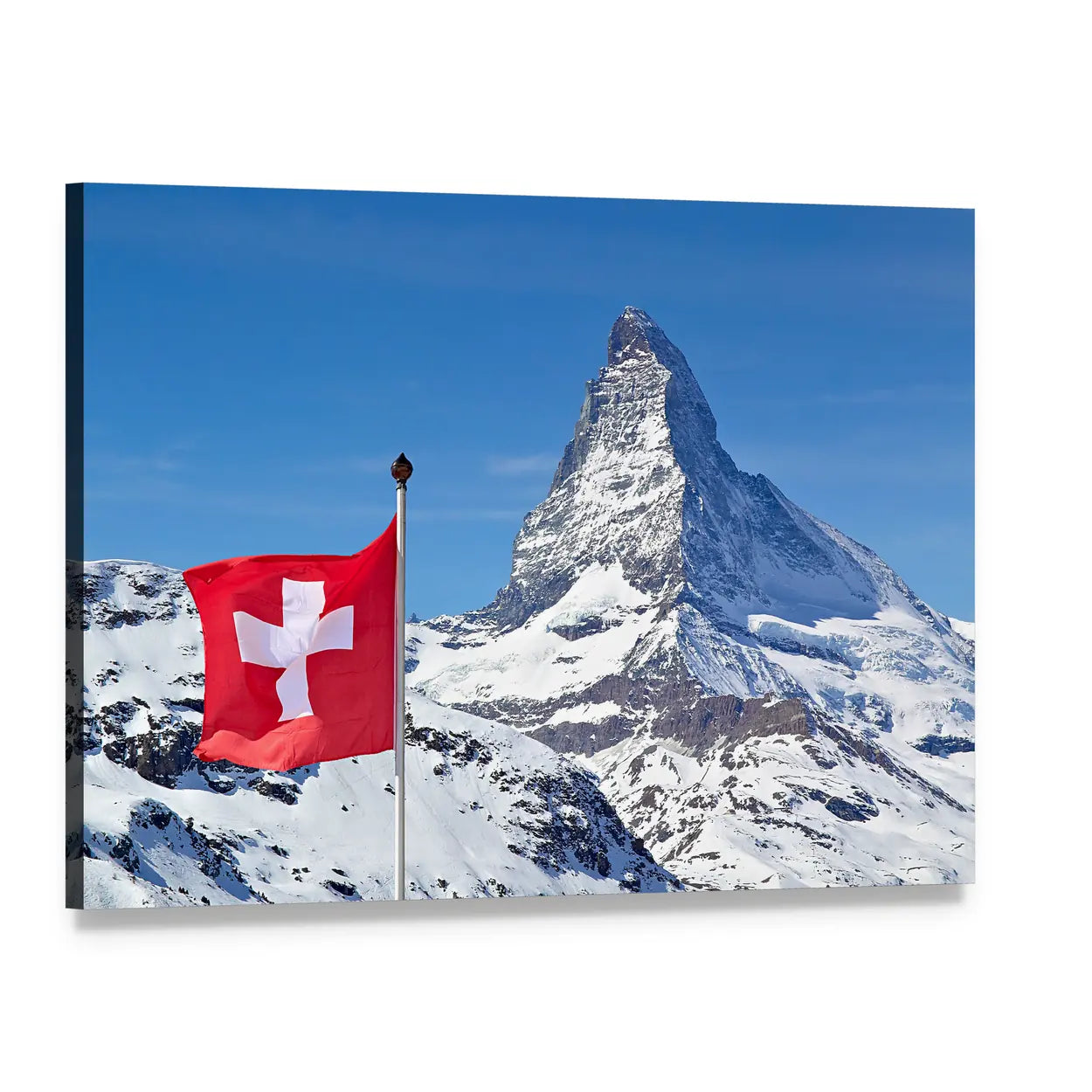 Matterhorn with Swiss Flag Canvas Wall Art, single panel gallery wrapped canvas, angled product view