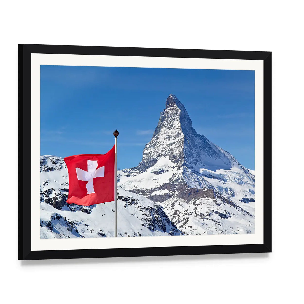 Matterhorn with Swiss Flag Canvas Wall Art, framed print with white mat and black frame, angled product view