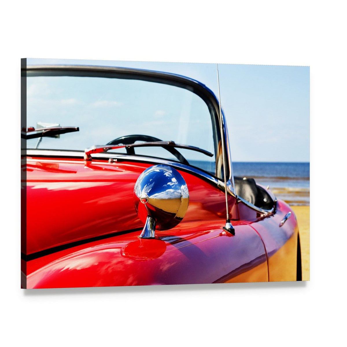 Red Convertible Car at Beach Canvas Wall Art, single panel gallery wrapped canvas, angled product view