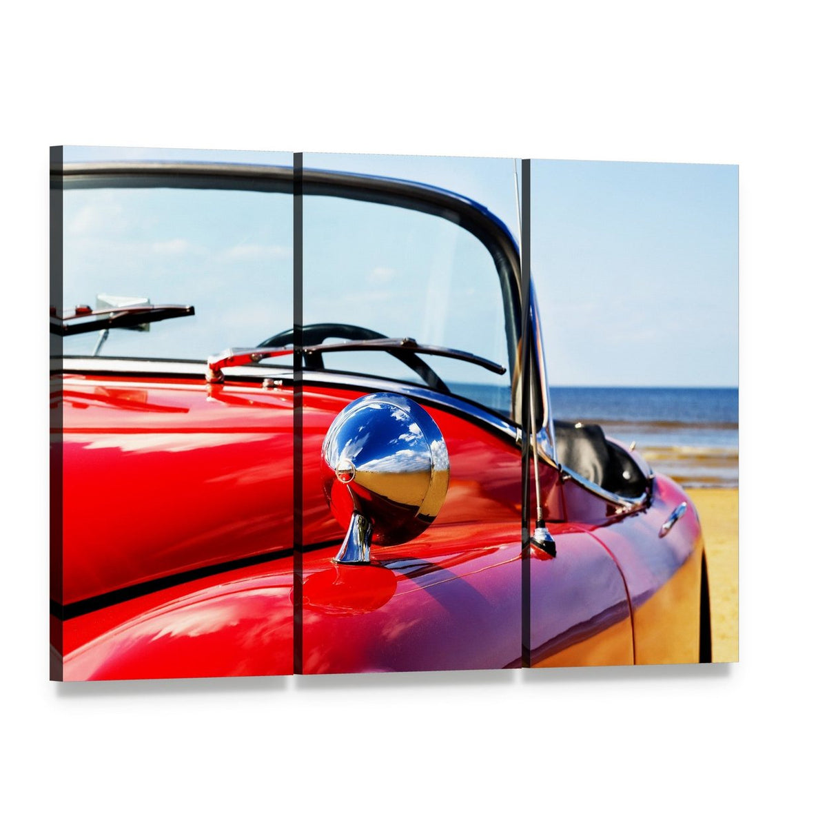 Red Convertible Car at Beach Canvas Wall Art, 3 panel 3 Horizontal layout gallery wrapped canvas set, angled product view
