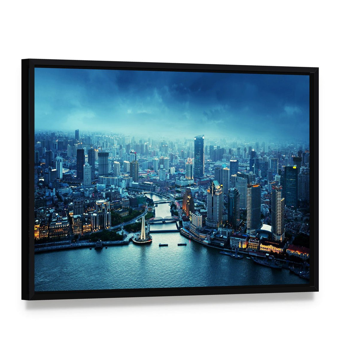 Skyline of Shanghai at Sunset Canvas Wall Art, framed canvas in a black floater frame, angled product view