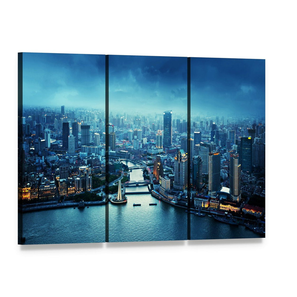Skyline of Shanghai at Sunset Canvas Wall Art, 3 panel 3 Horizontal layout gallery wrapped canvas set, angled product view