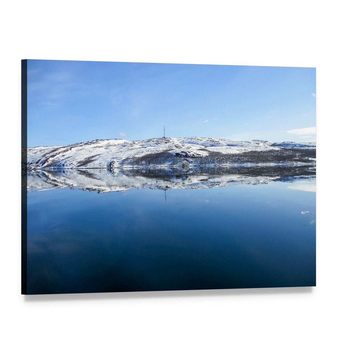 Snowy Mountain Lake in Norway Canvas Wall Art, single panel gallery wrapped canvas, angled product view