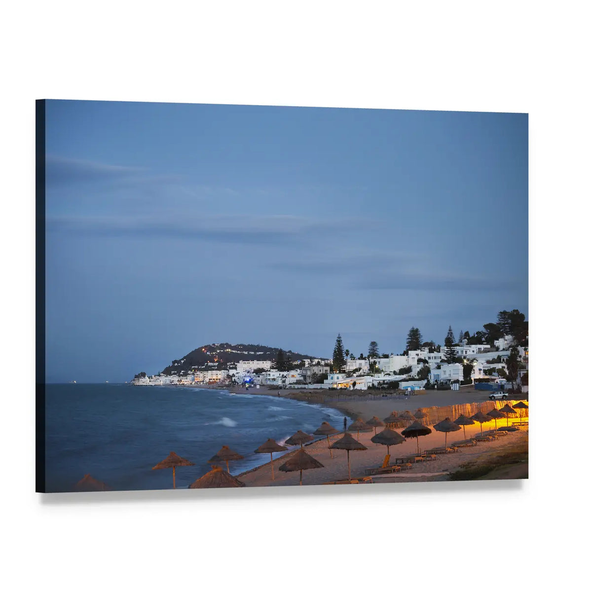 Mediterranean Beach Town at Twilight Canvas Wall Art, single panel gallery wrapped canvas, angled product view