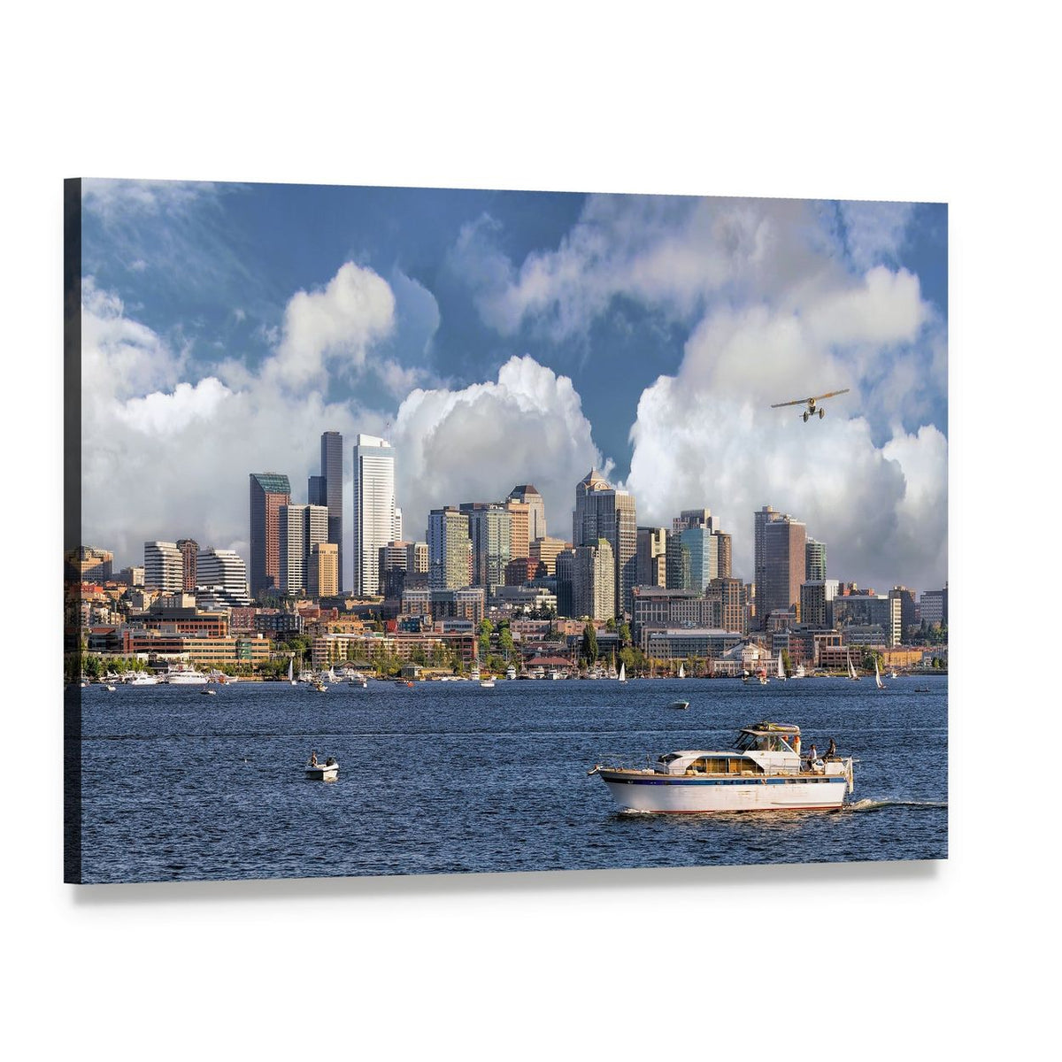 Union Lake Cityscape with Boats Canvas Wall Art, single panel gallery wrapped canvas, angled product view