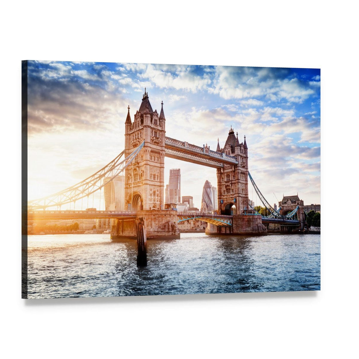 Tower Bridge London Sunset Clouds Canvas Wall Art, single panel gallery wrapped canvas, angled product view