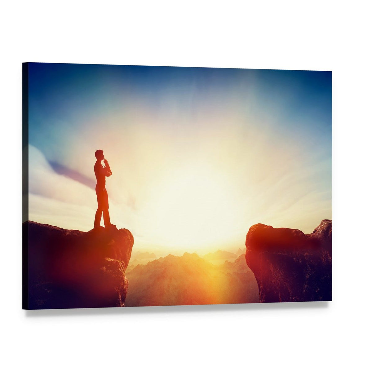 Man on Mountain at Sunrise Canvas Wall Art, single panel gallery wrapped canvas, angled product view