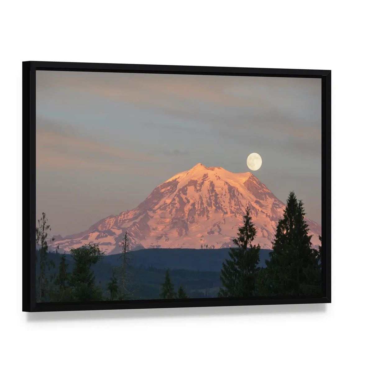 Supermoon Over Mount Rainier Canvas Wall Art, framed canvas in a black floater frame, angled product view