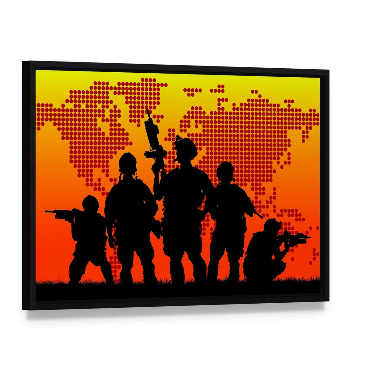 Silhouette of Military Soldiers Canvas Wall Art, framed canvas in a black floater frame, angled product view