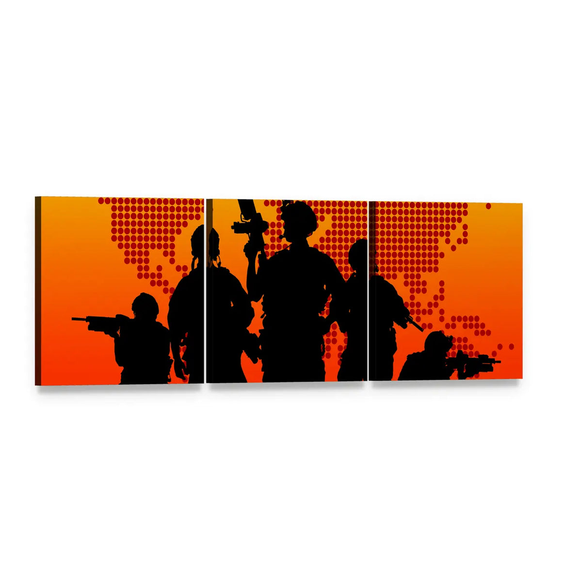 Soldier Silhouettes Over Dotted World Map Panoramic Canvas Wall Art, 3 panel 3 Piece layout gallery wrapped canvas set, angled product view