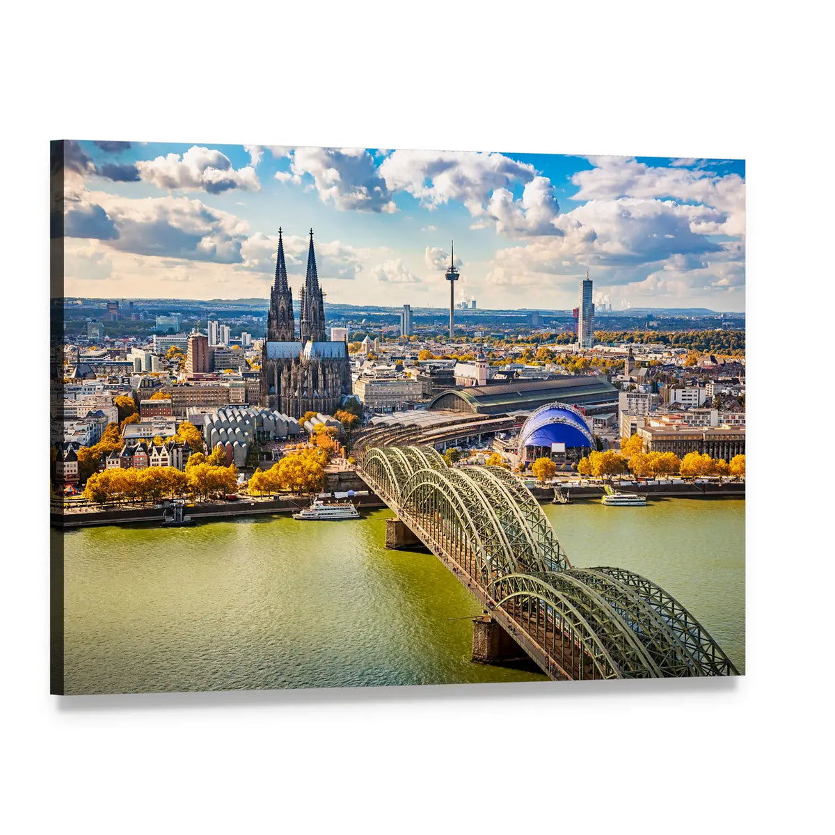 Riverside Cityscape with Cathedral Towers Canvas Wall Art, single panel gallery wrapped canvas, angled product view