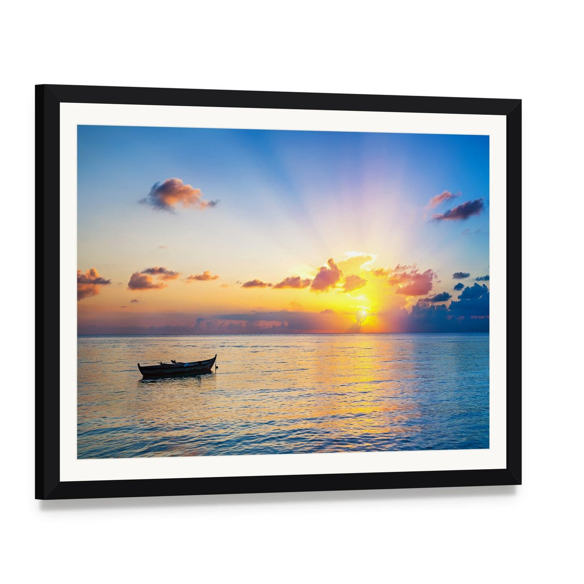 Colorful Sunrise Over Ocean Canvas Wall Art, framed print with white mat and black frame, angled product view