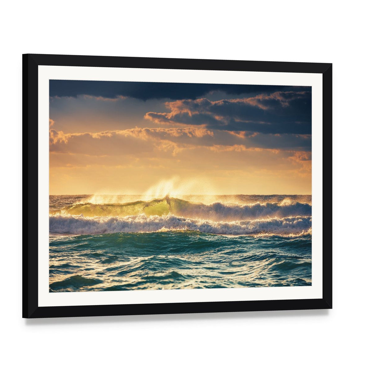Sunrise and Shining Waves in Ocean Canvas Wall Art, framed print with white mat and black frame, angled product view