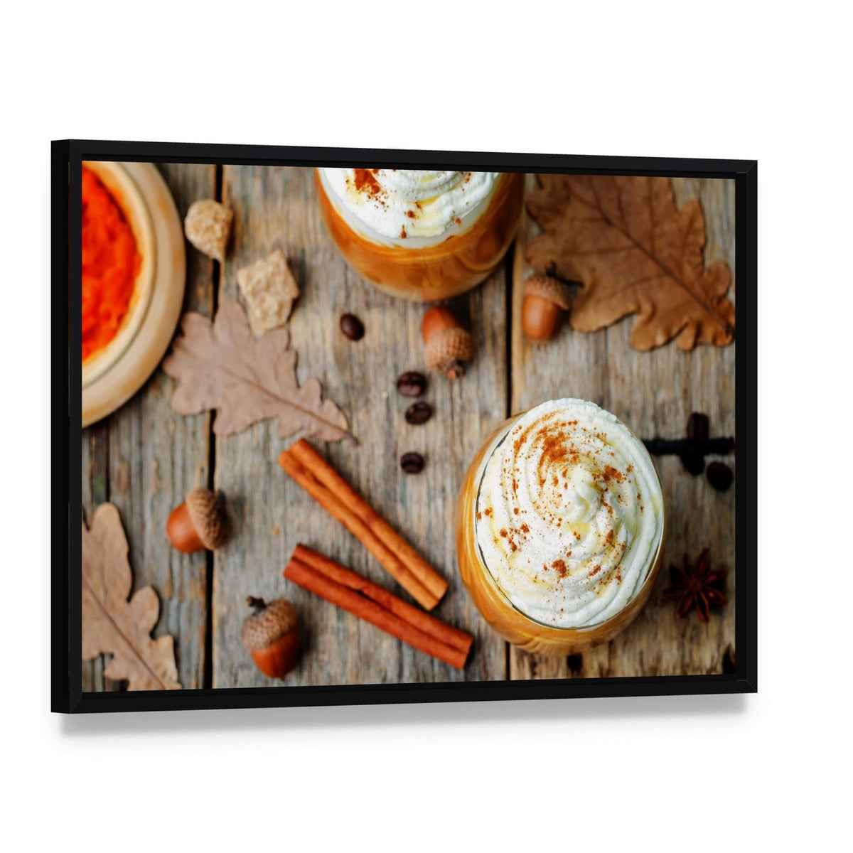 Ice Honey Pumpkin Spice Latte Canvas Wall Art, framed canvas in a black floater frame, angled product view