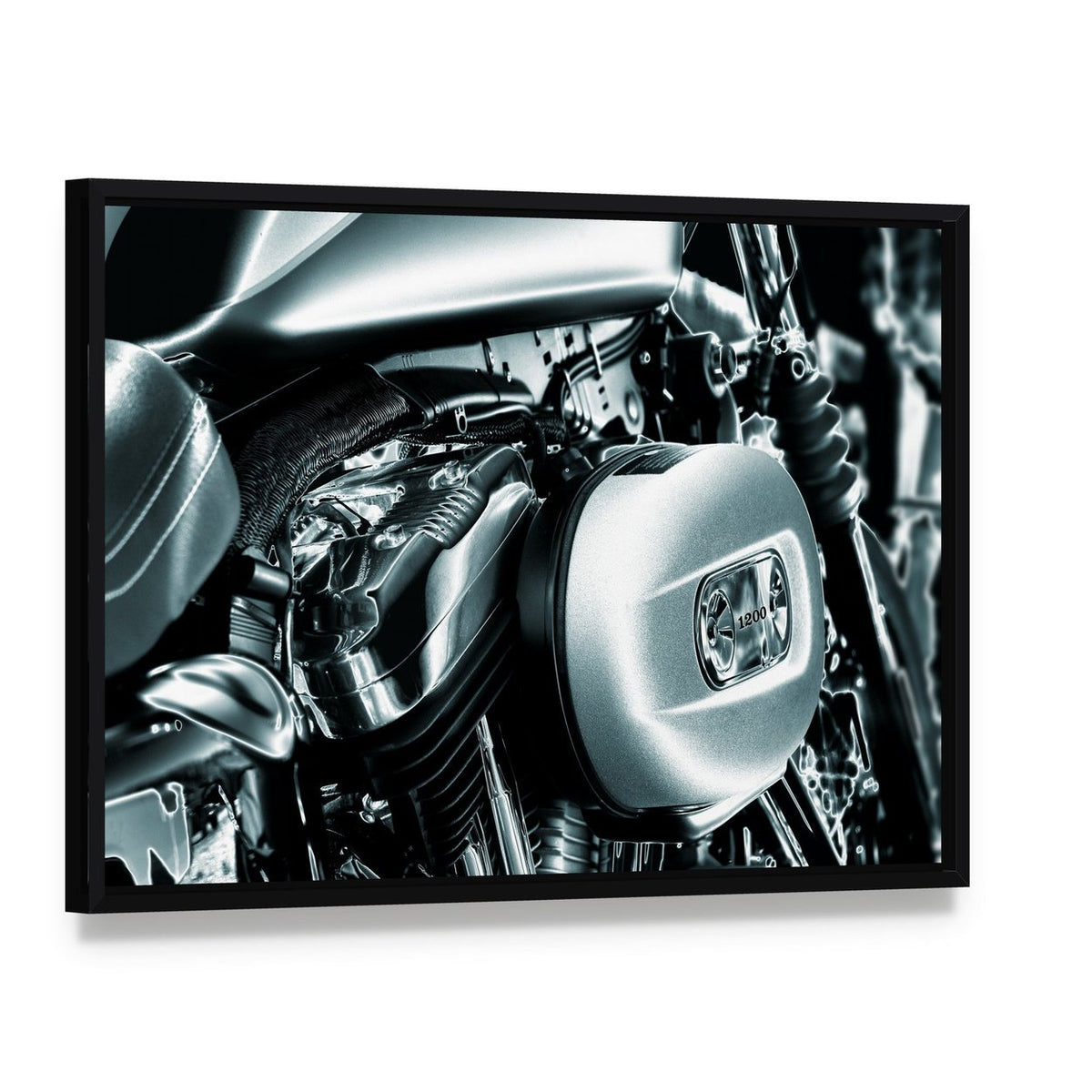 Motorcycle Engine Canvas Wall Art, framed canvas in a black floater frame, angled product view