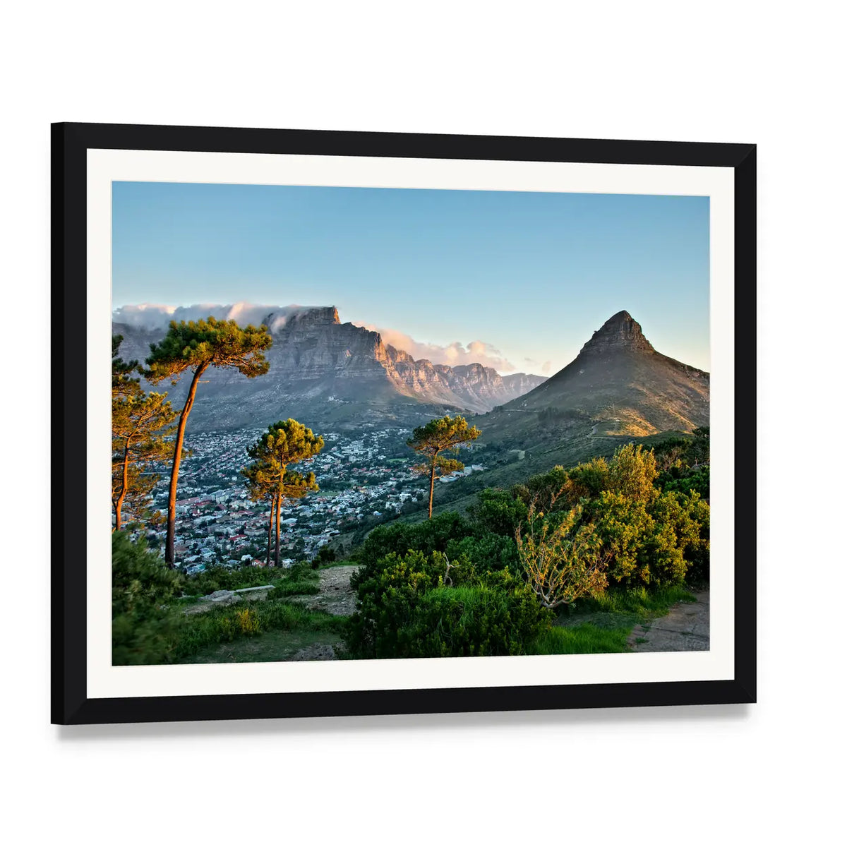 Signal Hill in Cape Town Canvas Wall Art, framed print with white mat and black frame, angled product view