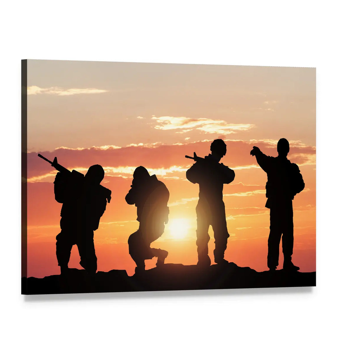 Soldiers in Silhouette at Sunset Canvas Wall Art, single panel gallery wrapped canvas, angled product view