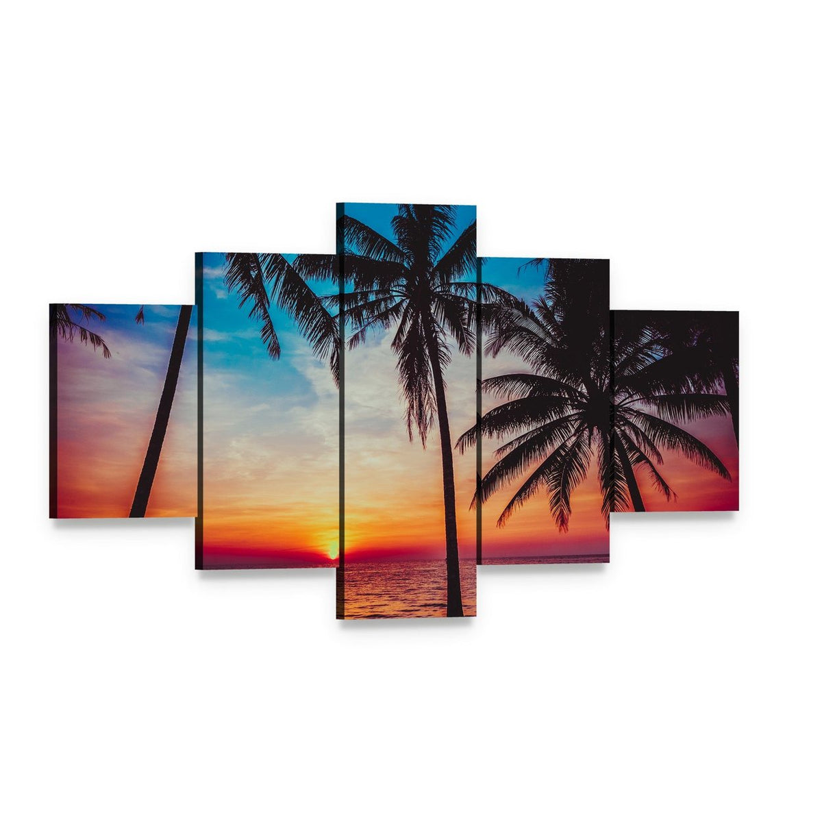 Sunset at Tropical Beach Canvas Wall Art, 5 panel 5 Star layout gallery wrapped canvas set, angled product view