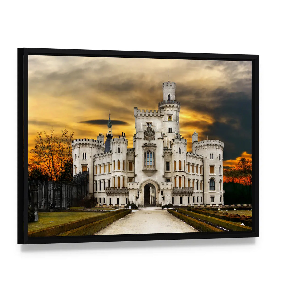 Hluboka Castle in Bohemia Canvas Wall Art, framed canvas in a black floater frame, angled product view