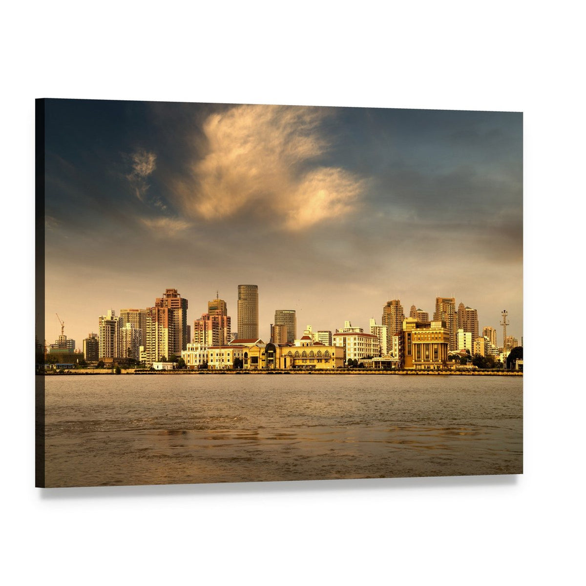 Sunset Over Waterfront City Canvas Wall Art, single panel gallery wrapped canvas, angled product view