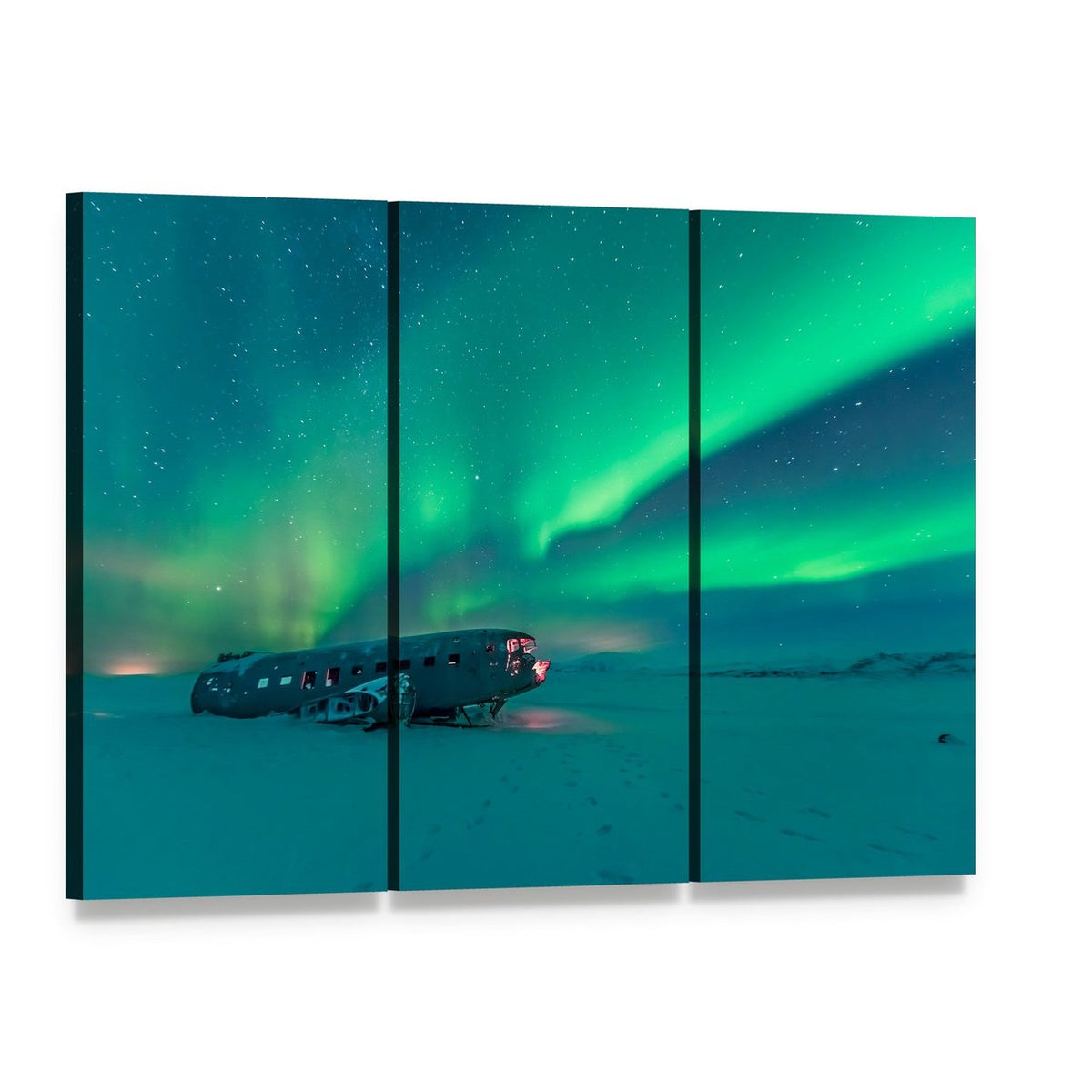 Northern Lights Over Plane Wreck Canvas Wall Art, 3 panel 3 Horizontal layout gallery wrapped canvas set, angled product view