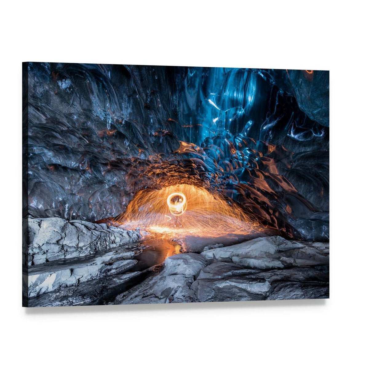 Fire Show in Ice Cave Canvas Wall Art, single panel gallery wrapped canvas, angled product view