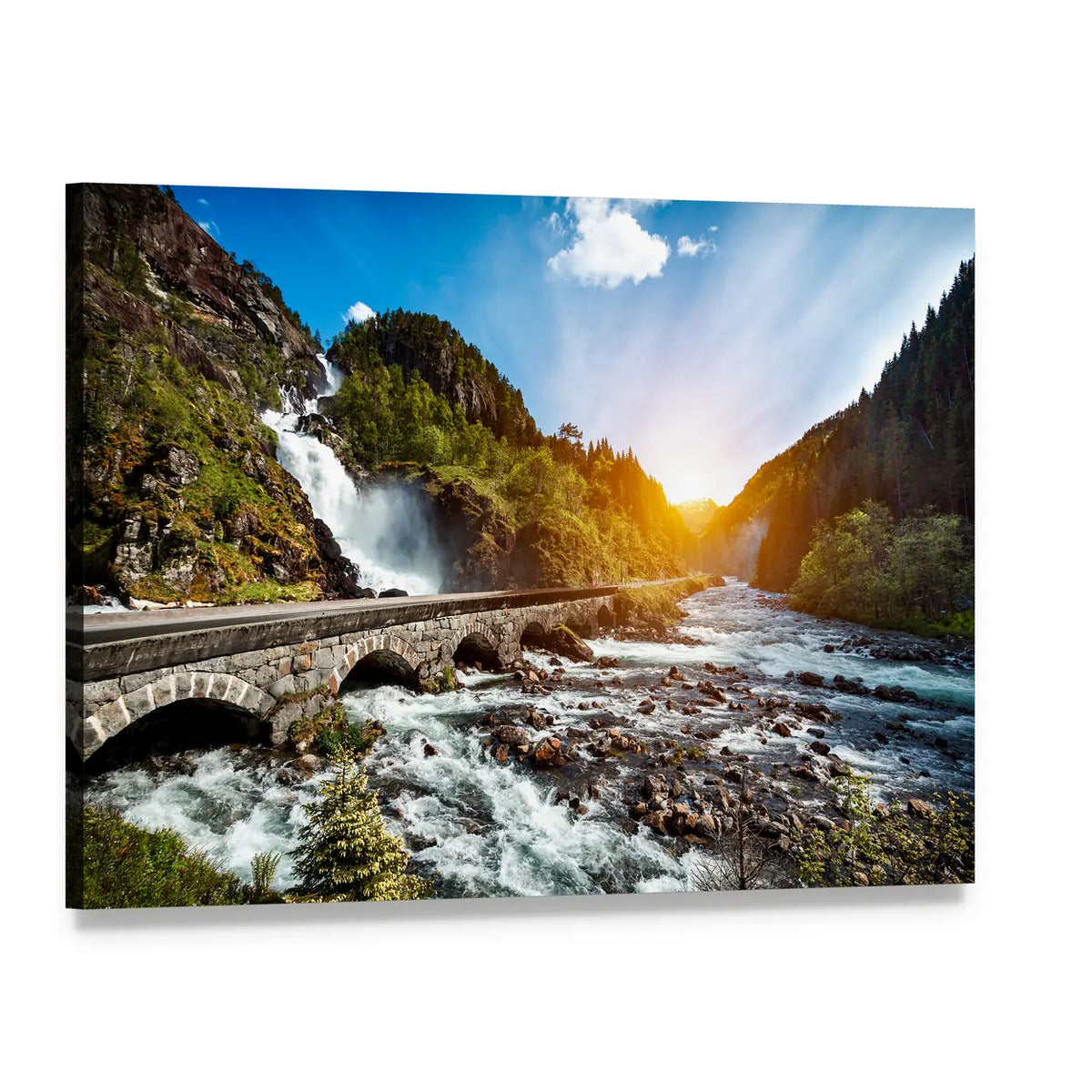 Latefossen Waterfall and Stone Bridge Canvas Wall Art, single panel gallery wrapped canvas, angled product view