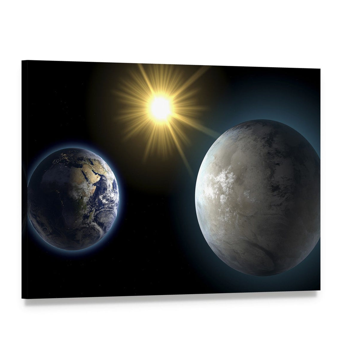 Earth and Moon Comparison Canvas Wall Art, single panel gallery wrapped canvas, angled product view