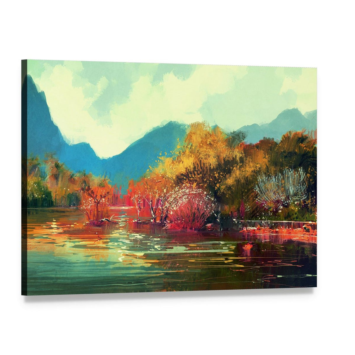 Autumn Forest Illustration Canvas Wall Art, single panel gallery wrapped canvas, angled product view