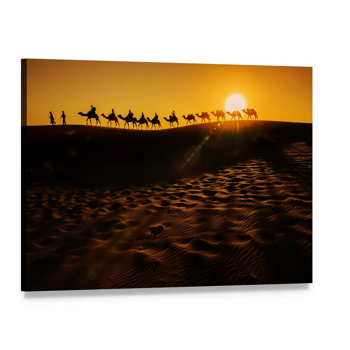Camel Caravan at Sunset Canvas Wall Art, single panel gallery wrapped canvas, angled product view
