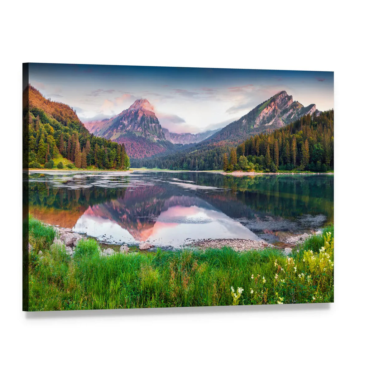 Mountain Lake Reflection with Green Foreground Canvas Wall Art, single panel gallery wrapped canvas, angled product view