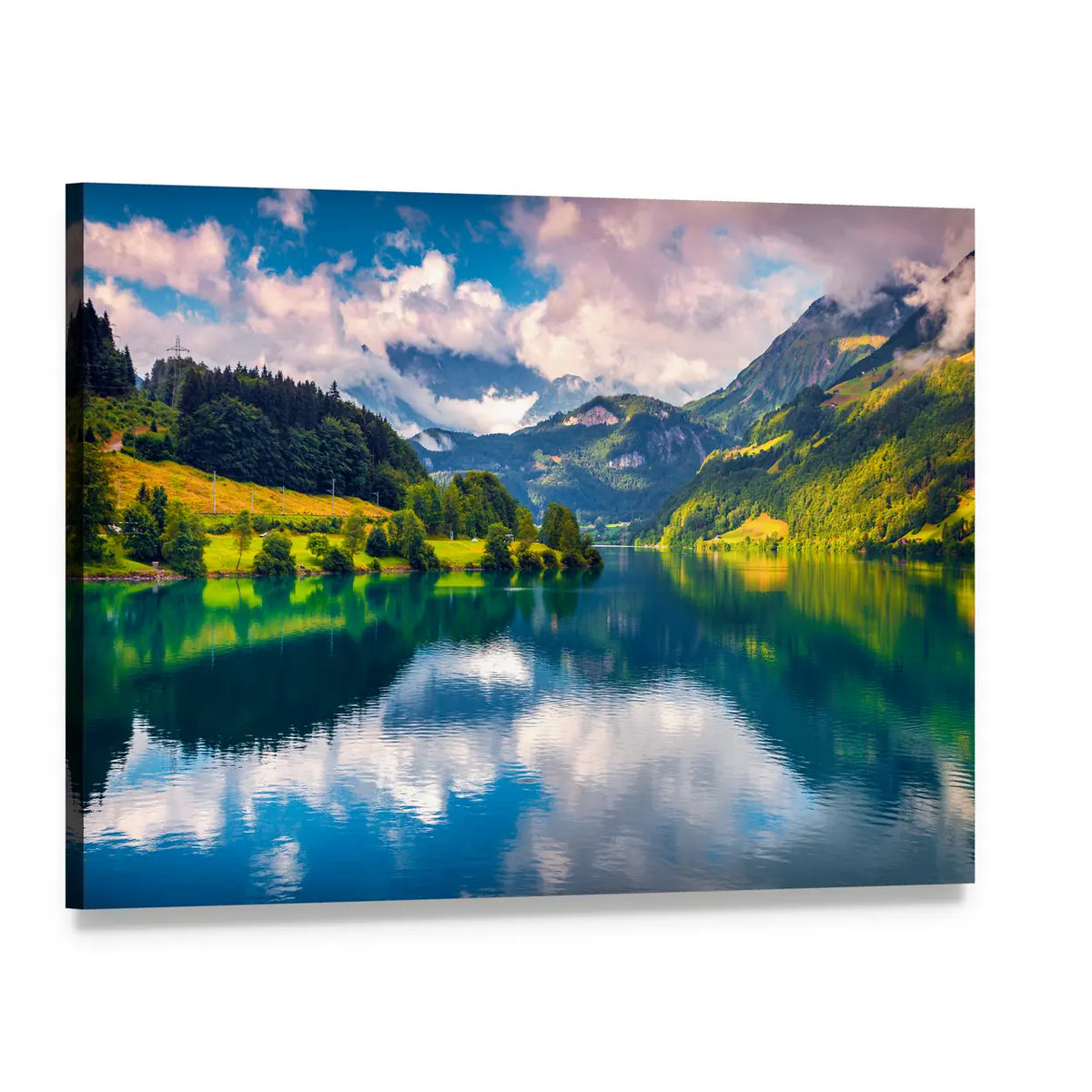Summer Morning at Mountain Lake Canvas Wall Art, single panel gallery wrapped canvas, angled product view