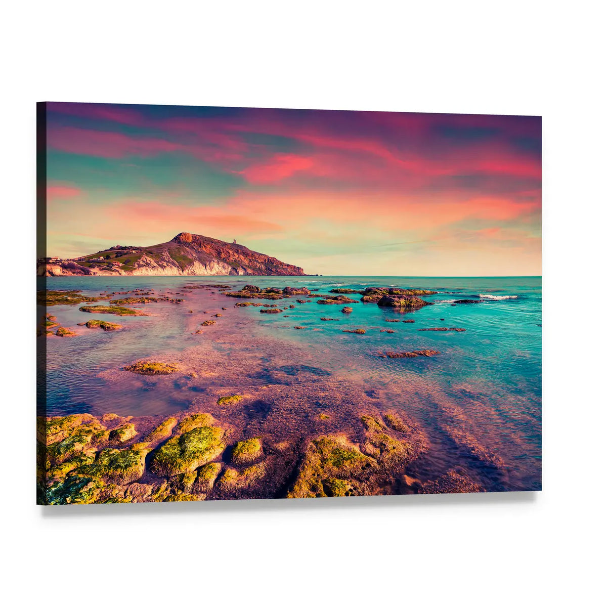Sunset Over Rocky Shoreline Canvas Wall Art, single panel gallery wrapped canvas, angled product view