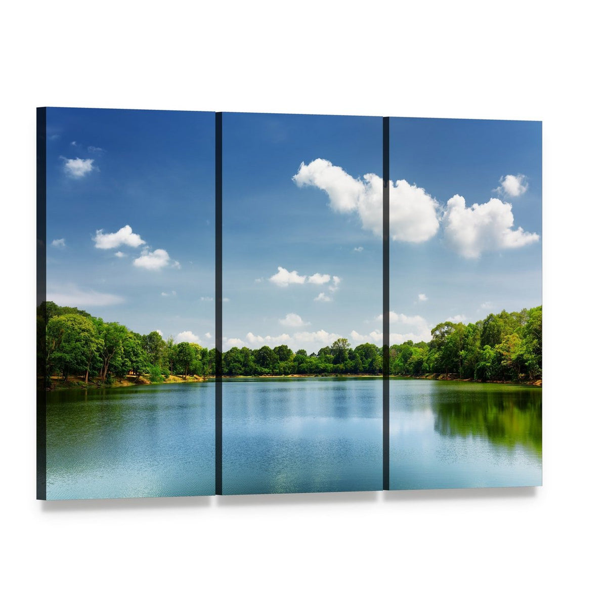 Lake Nestled Among Rain Forest in Cambodia Canvas Wall Art, 3 panel 3 Horizontal layout gallery wrapped canvas set, angled product view