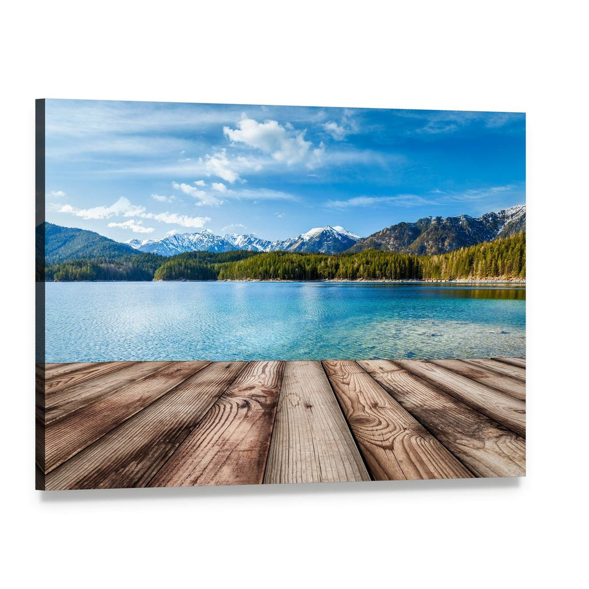 Wooden Planks with Lake in Alps Germany Canvas Wall Art, single panel gallery wrapped canvas, angled product view