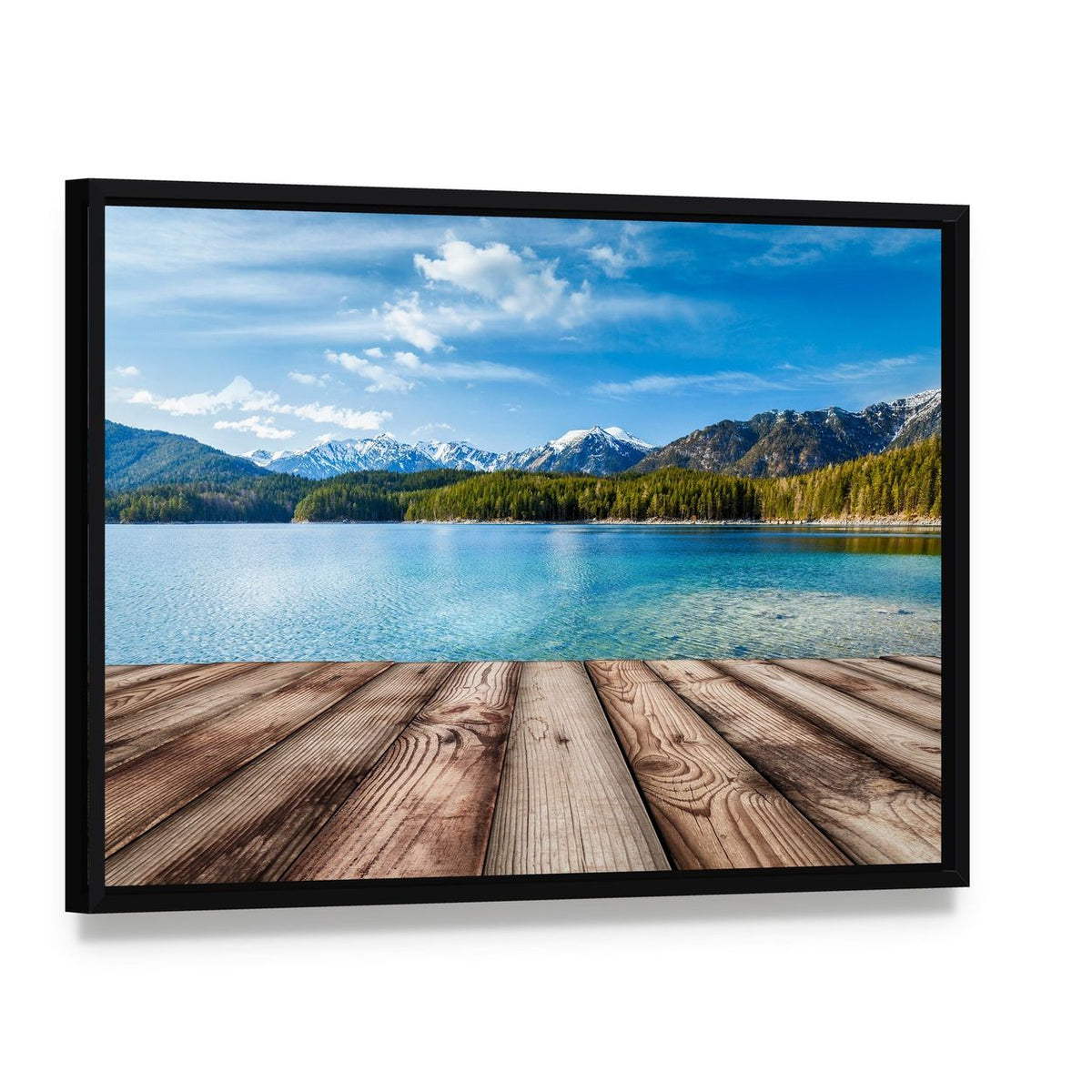 Wooden Planks with Lake in Alps Germany Canvas Wall Art, framed canvas in a black floater frame, angled product view